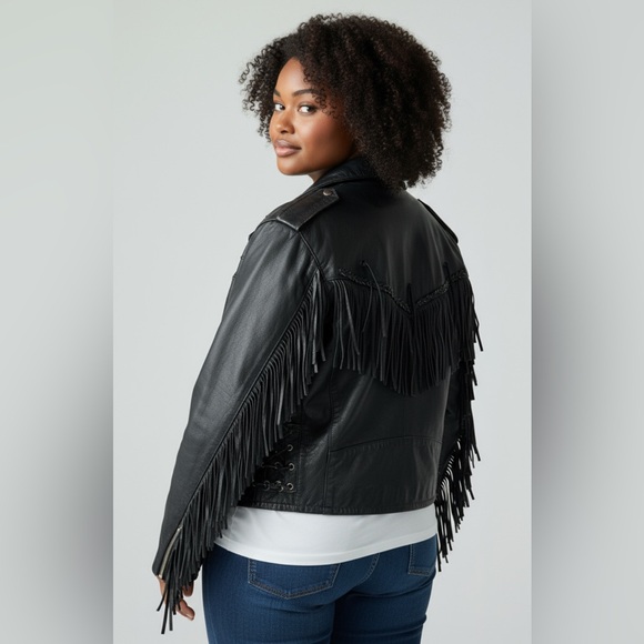 Unik - Black Leather Jacket with Fringe and Braiding Design Sz L/XL 48 - Picture 2 of 11